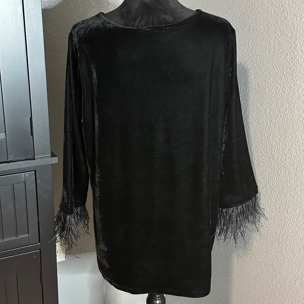 Rafaella Black Velvet Feather Trim‎ Long Sleeve Top XL Quiet Luxury Old Money - Picture 4 of 8
